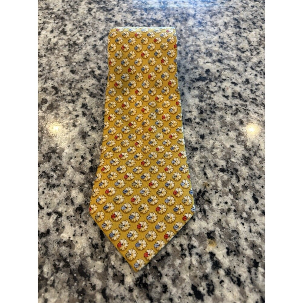 Salvatore Ferragamo 100% Silk Gold Floral LadyBug Tie Made In Italy